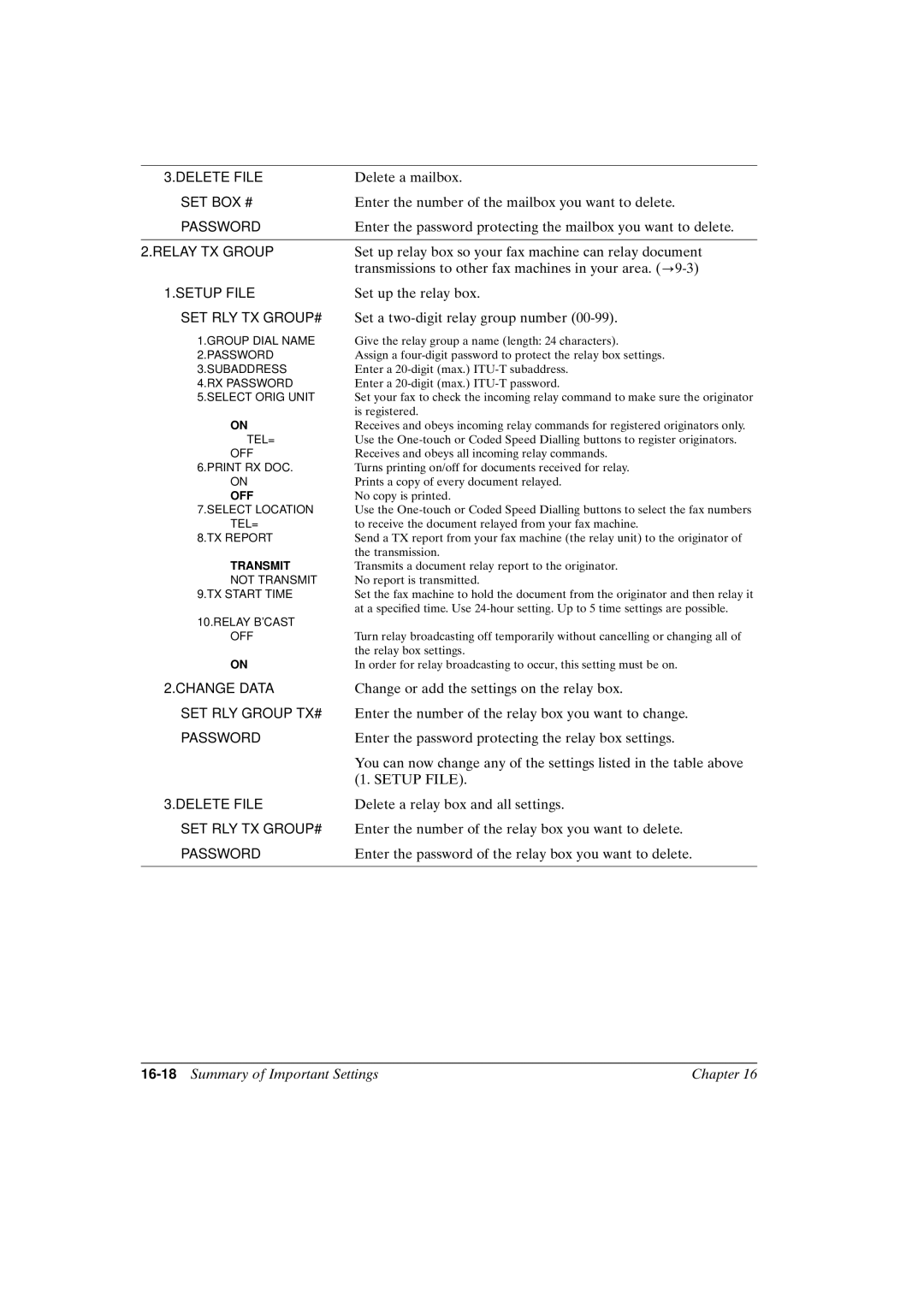 Canon FAX-L800 manual Relay TX Group, 16-18Summary of Important Settings Chapter 