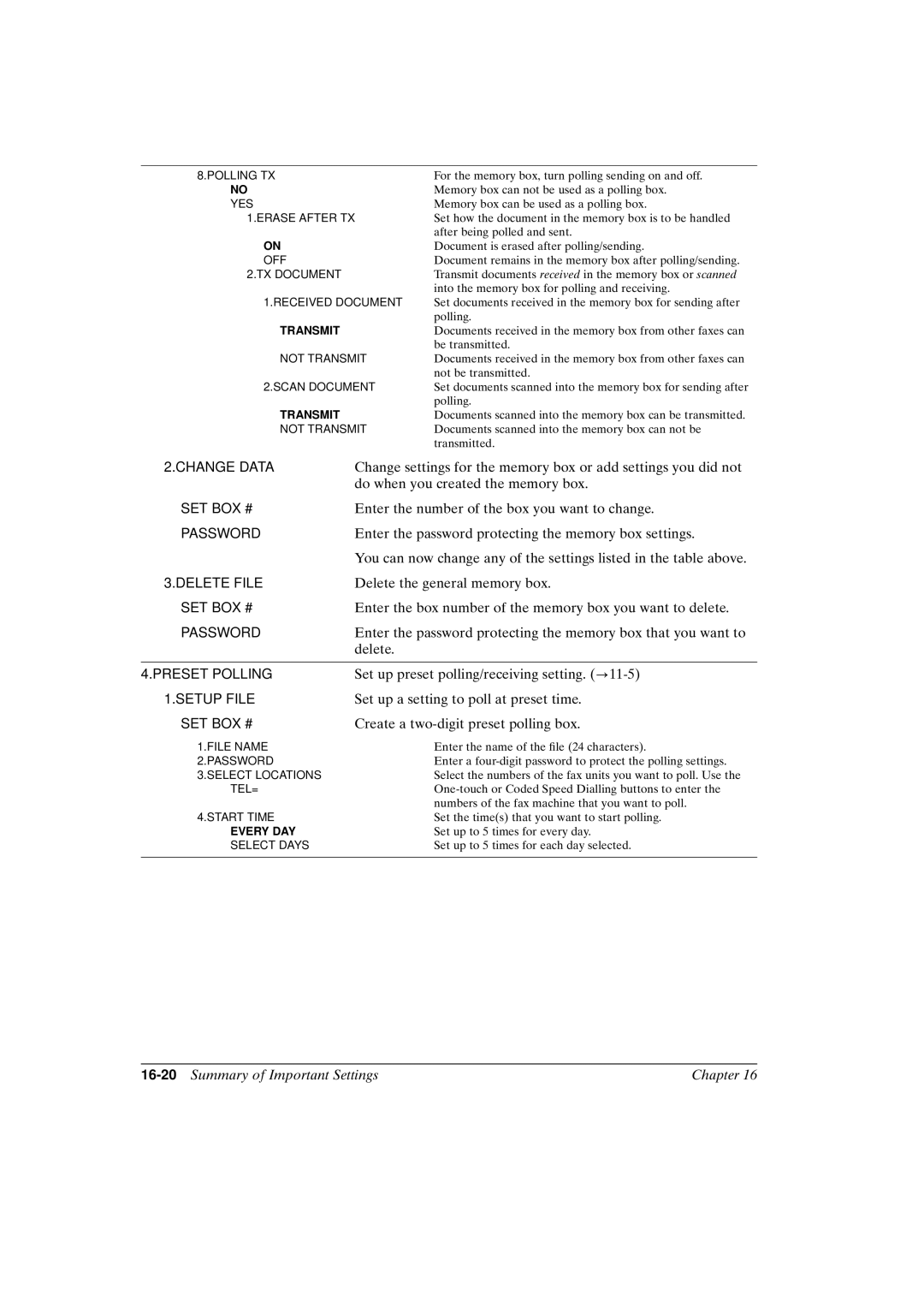 Canon FAX-L800 manual 16-20Summary of Important Settings Chapter, Polling TX 