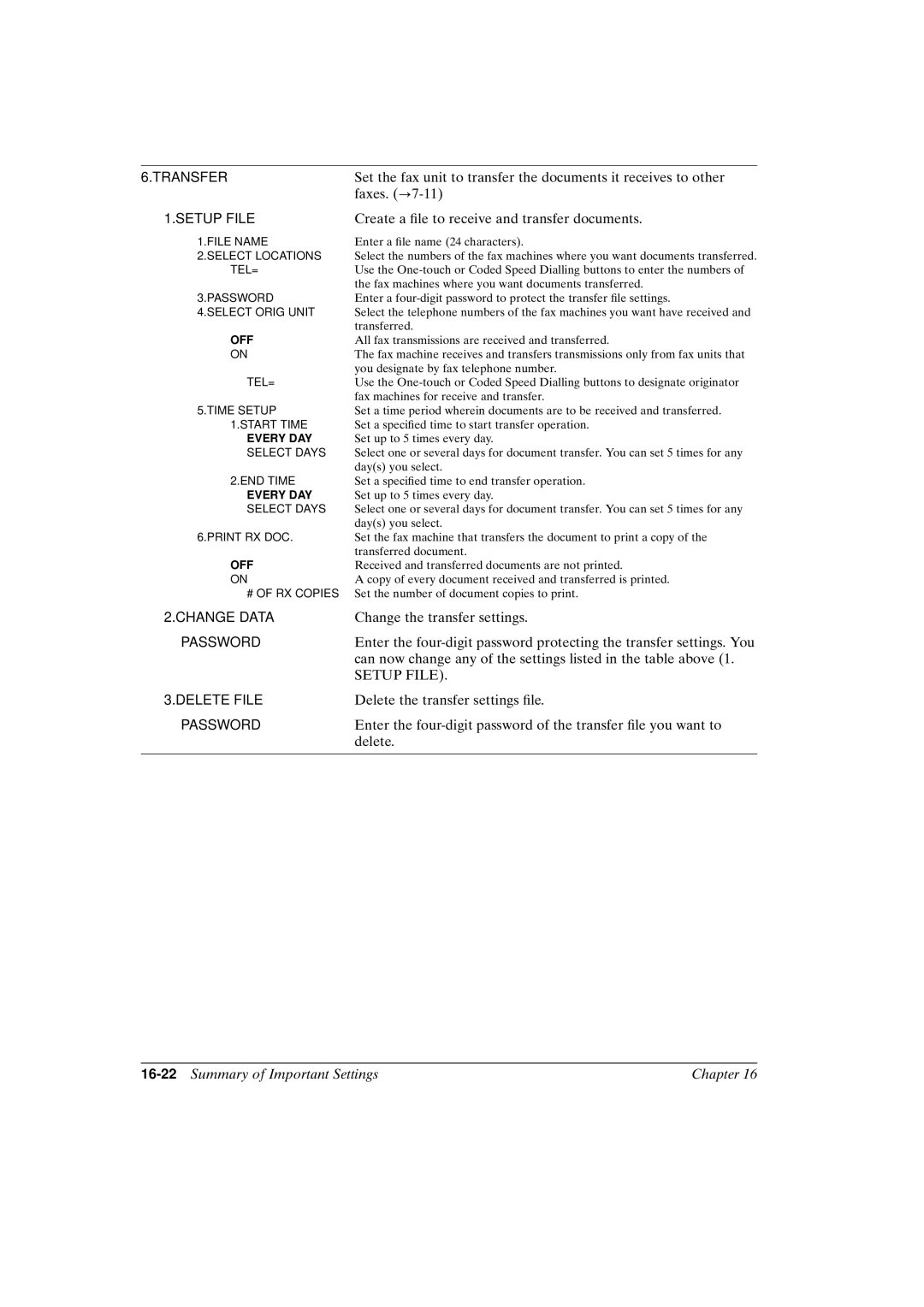 Canon FAX-L800 manual Create a le to receive and transfer documents, 16-22Summary of Important Settings Chapter 