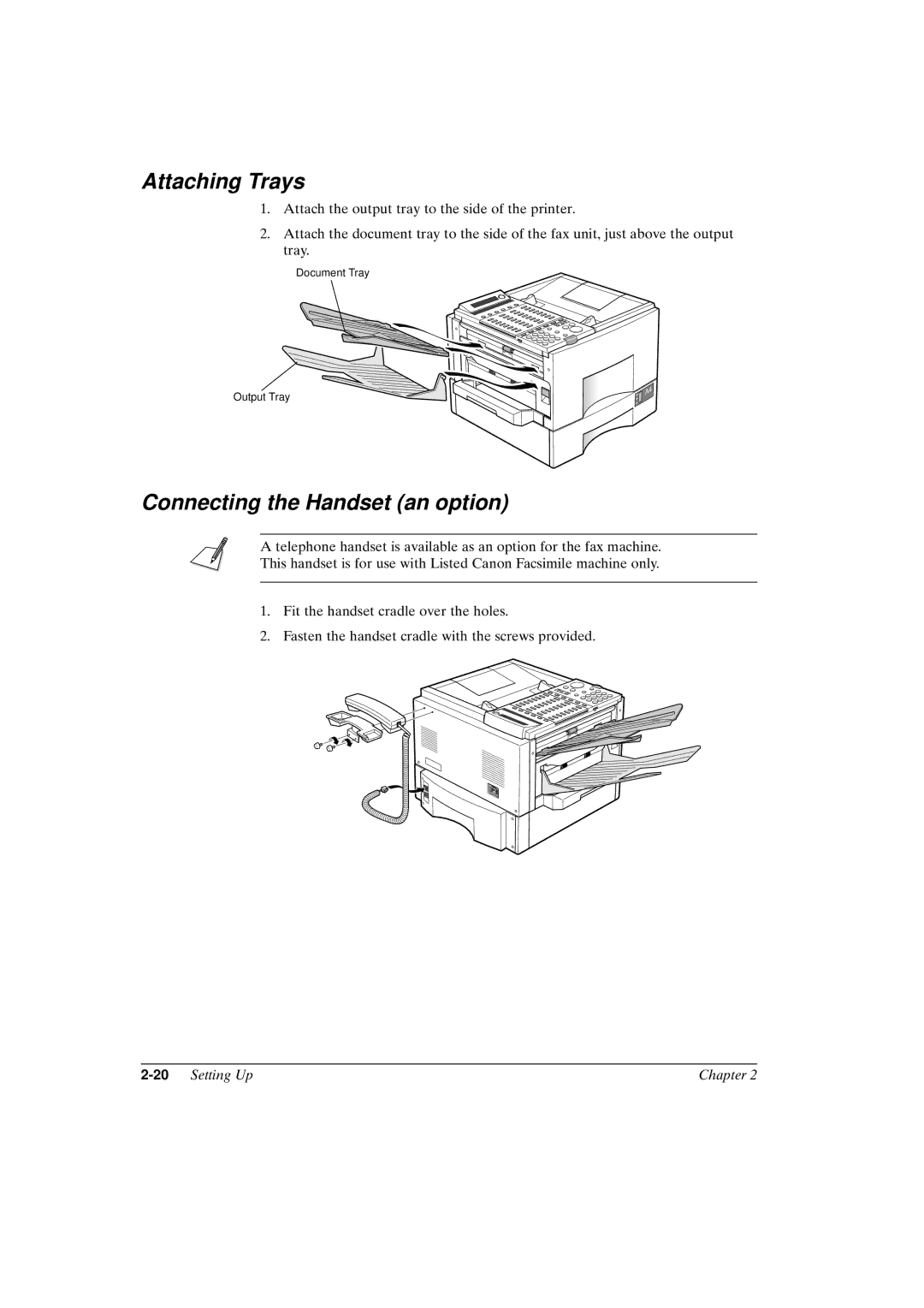 Canon FAX-L800 manual Attaching Trays, Connecting the Handset an option, 20Setting Up Chapter 