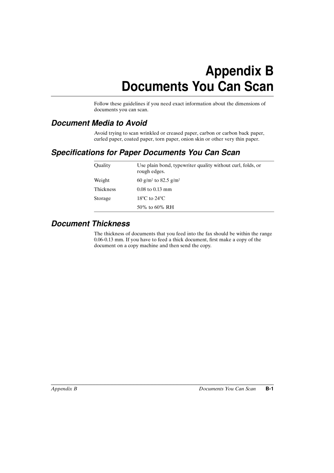 Canon FAX-L800 manual Document Media to Avoid, Specications for Paper Documents You Can Scan, Document Thickness 