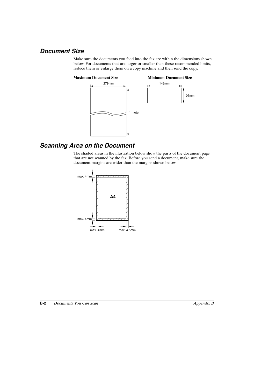 Canon FAX-L800 manual Scanning Area on the Document, Maximum Document Size Minimum Document Size 