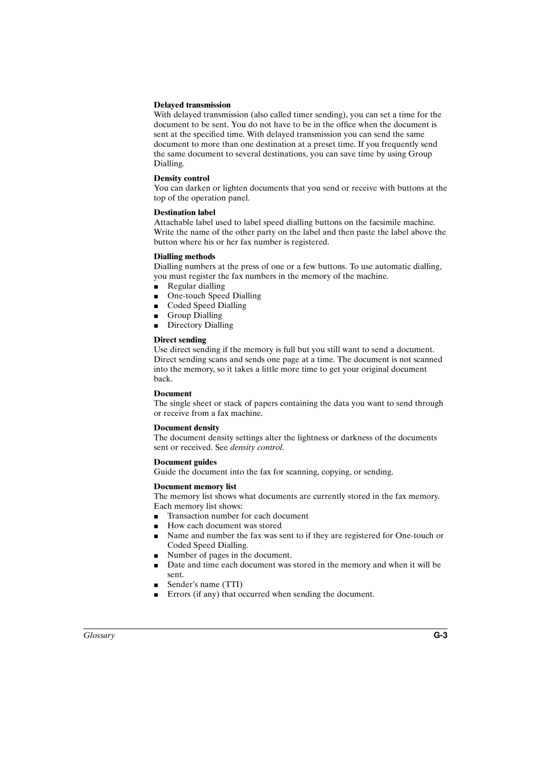 Canon FAX-L800 manual Delayed transmission, Density control, Destination label, Dialling methods, Direct sending, Document 