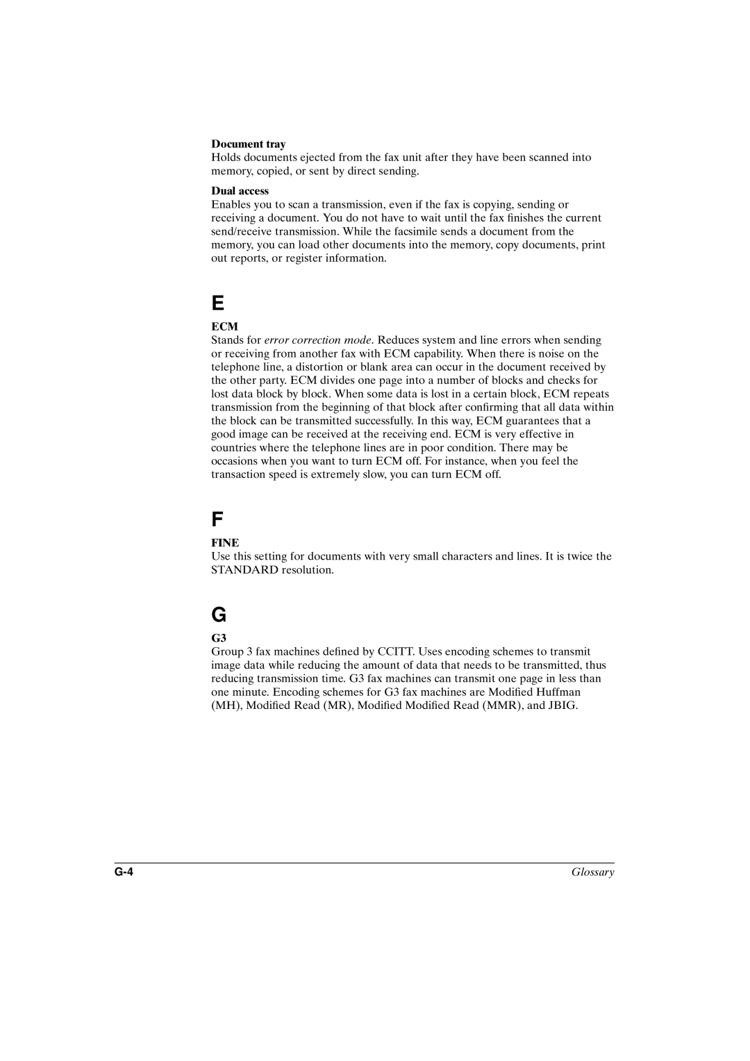 Canon FAX-L800 manual Document tray, Ecm, Fine 