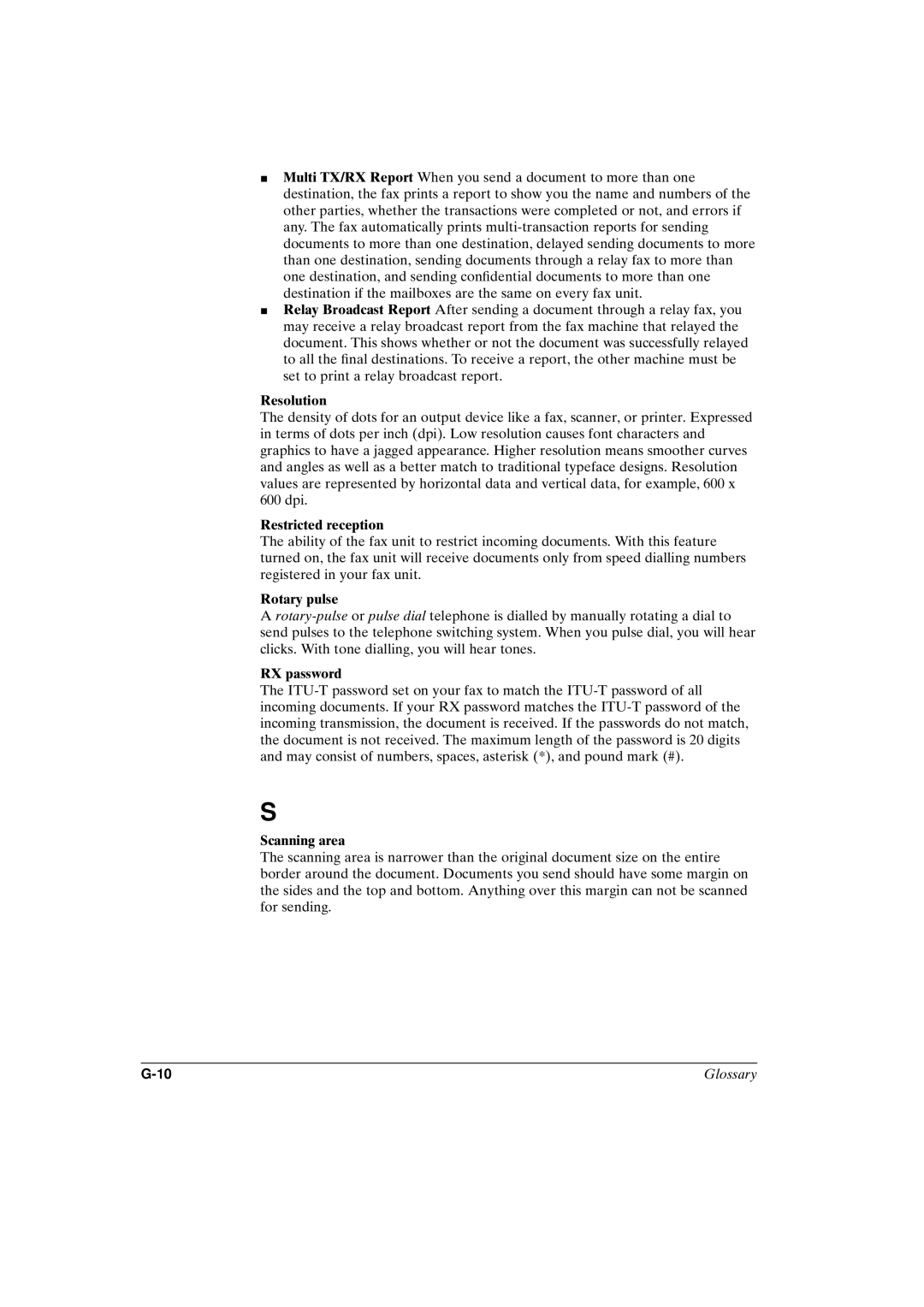 Canon FAX-L800 manual Resolution, Restricted reception, Rotary pulse, RX password, Scanning area 