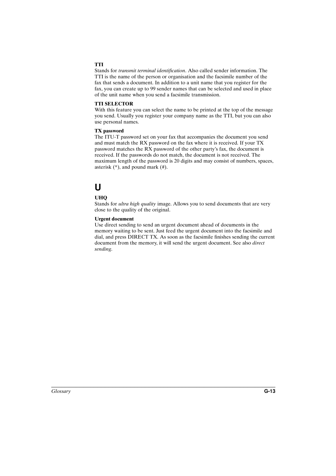 Canon FAX-L800 manual Tti, TTI Selector, TX password, Uhq, Urgent document 