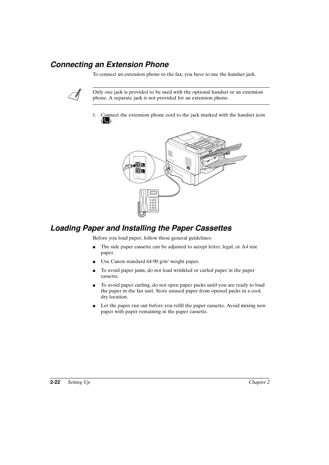 Canon FAX-L800 manual Connecting an Extension Phone, Loading Paper and Installing the Paper Cassettes, 22Setting Up Chapter 