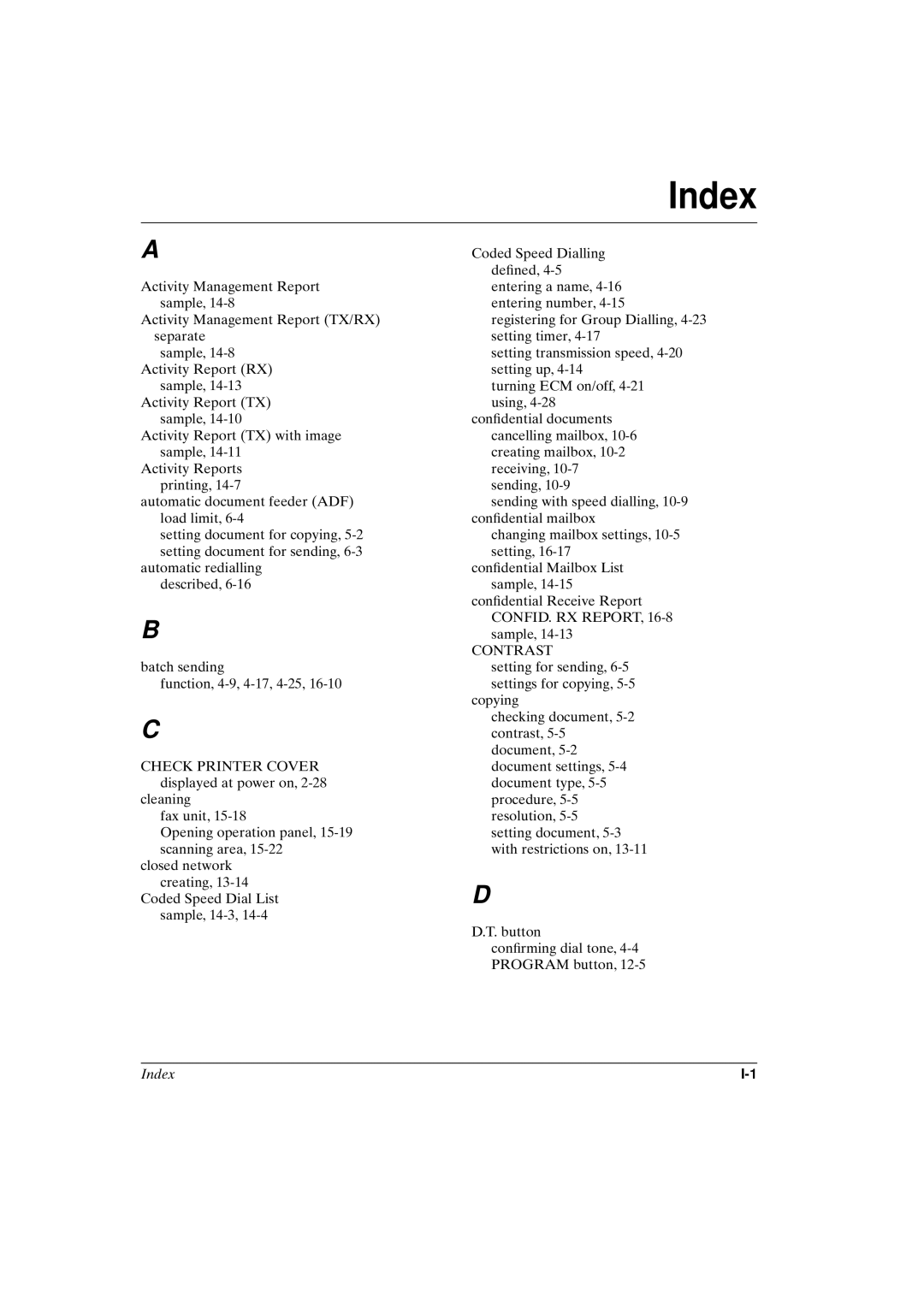 Canon FAX-L800 manual Index 