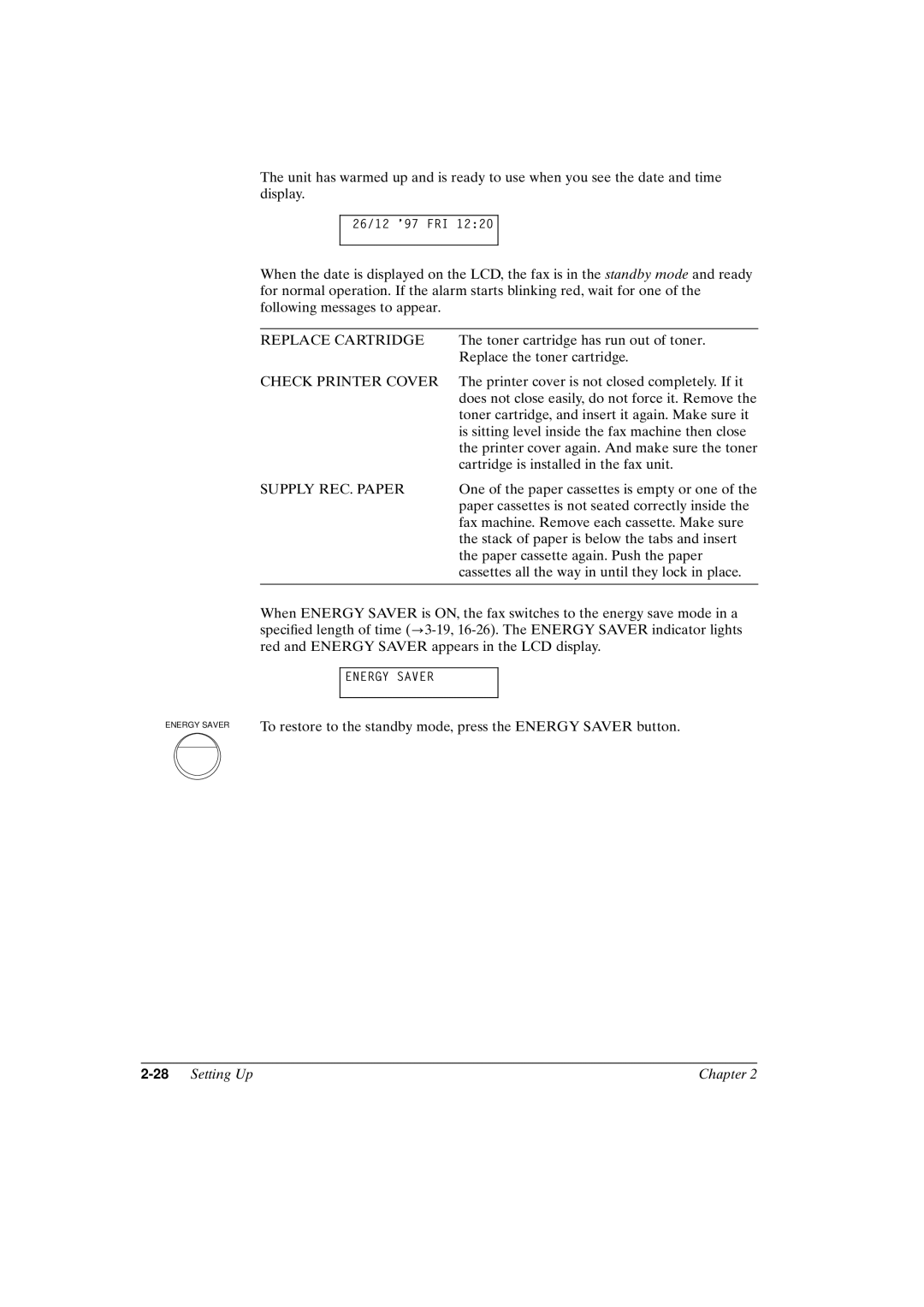 Canon FAX-L800 manual Replace Cartridge, Check Printer Cover, Supply REC. Paper, 28Setting Up Chapter 