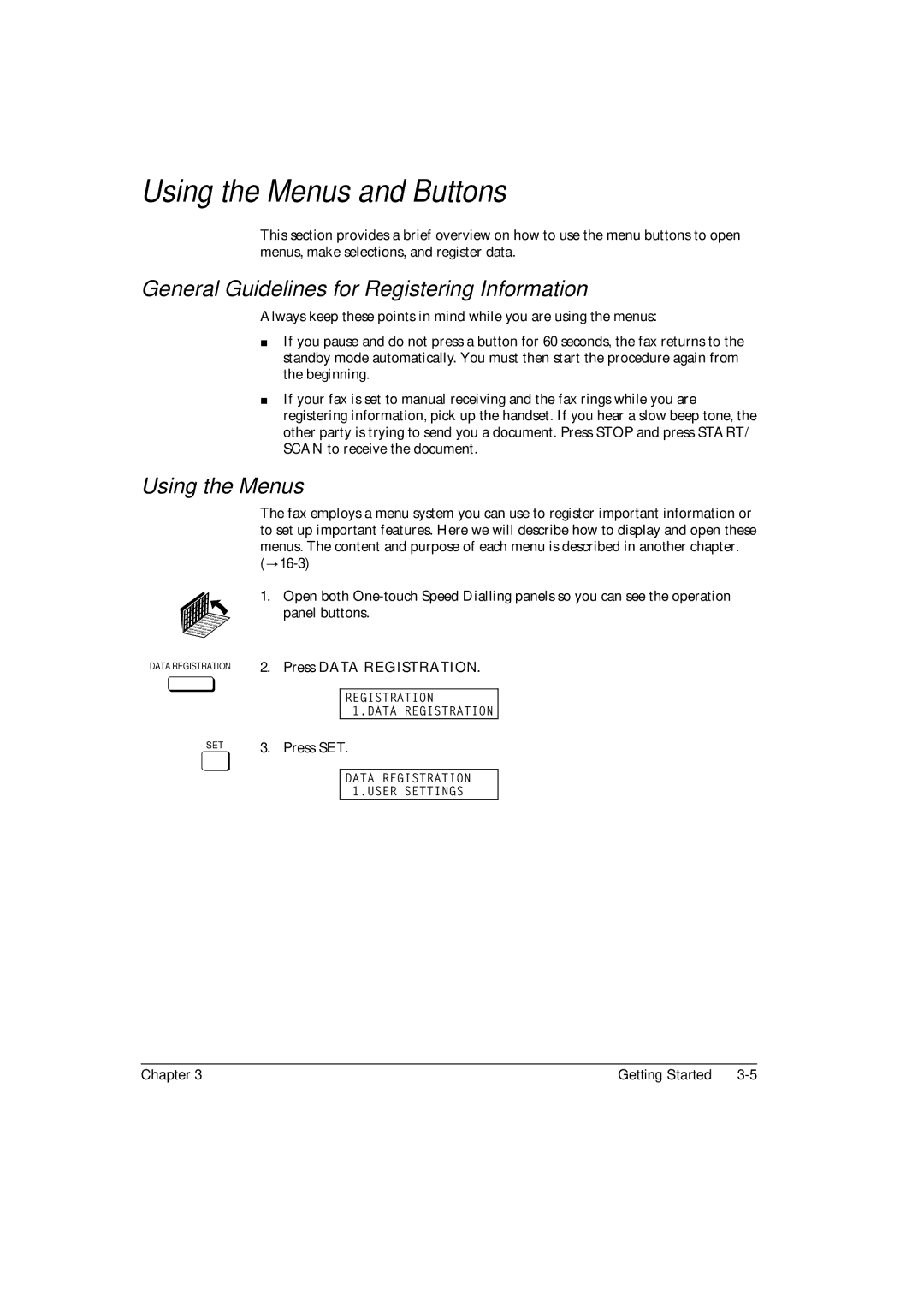 Canon FAX-L800 manual Using the Menus and Buttons, General Guidelines for Registering Information 