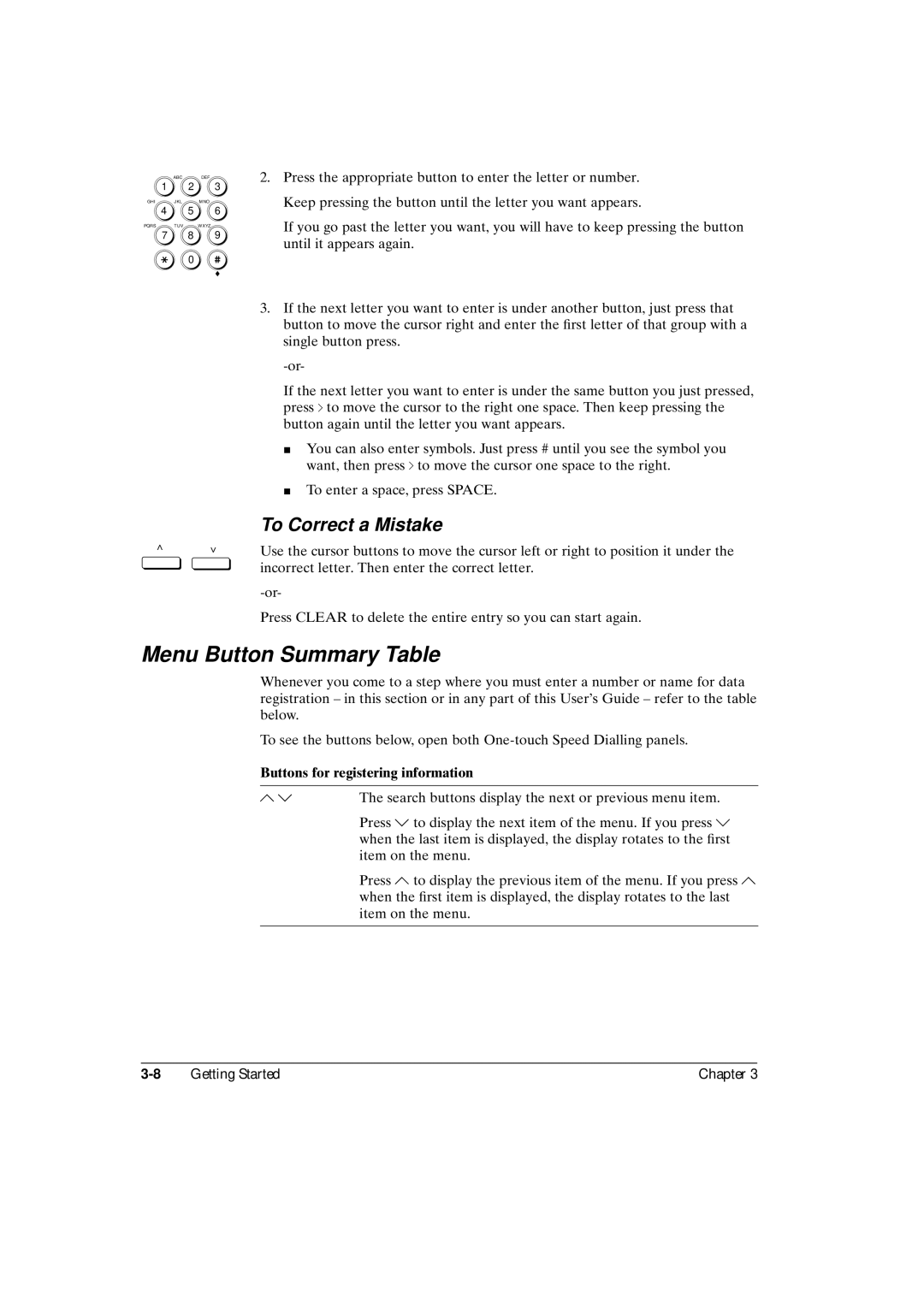 Canon FAX-L800 manual Menu Button Summary Table, Buttons for registering information 