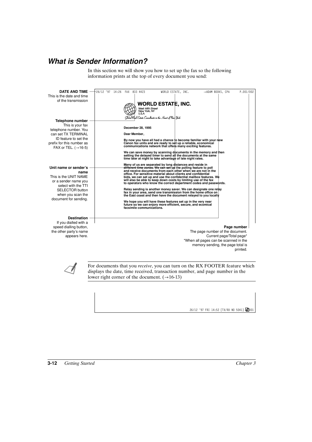 Canon FAX-L800 manual What is Sender Information?, 12Getting Started Chapter 