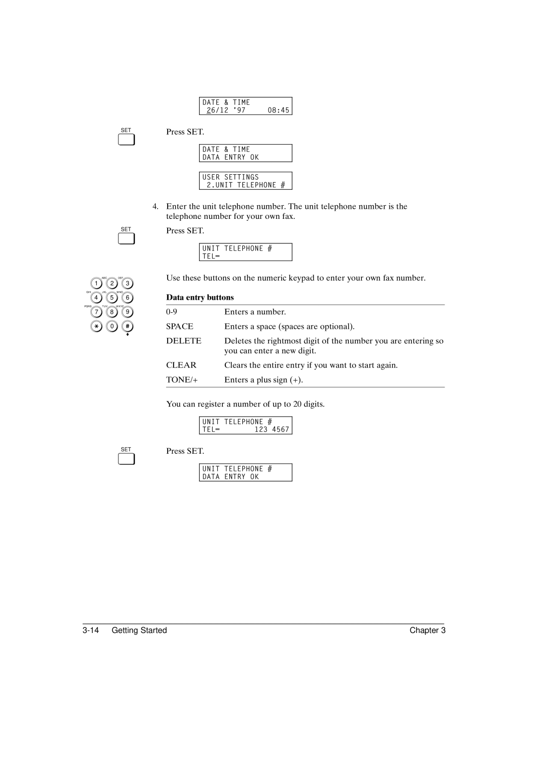 Canon FAX-L800 manual Data entry buttons, Tone/+, 14Getting Started Chapter 