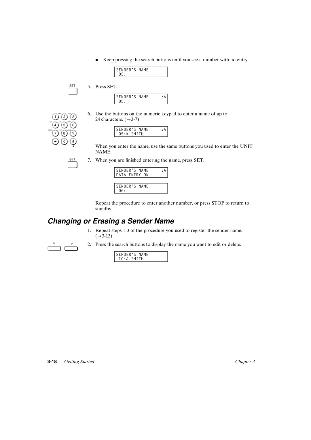 Canon FAX-L800 manual Changing or Erasing a Sender Name, 18Getting Started Chapter 