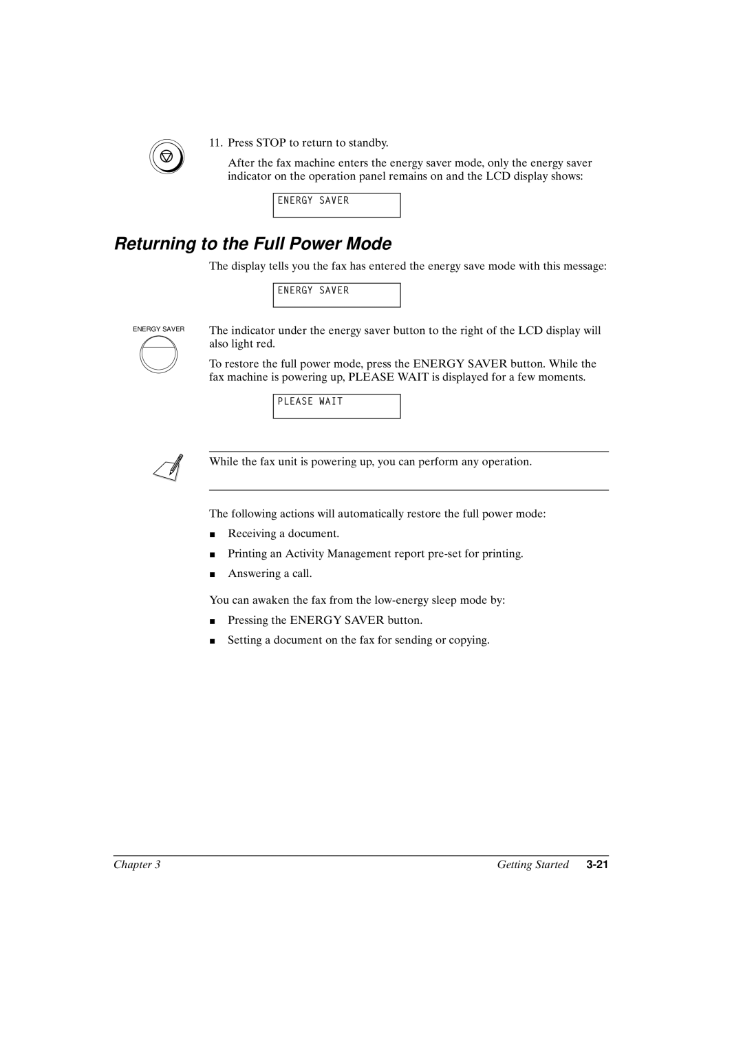 Canon FAX-L800 manual Returning to the Full Power Mode 