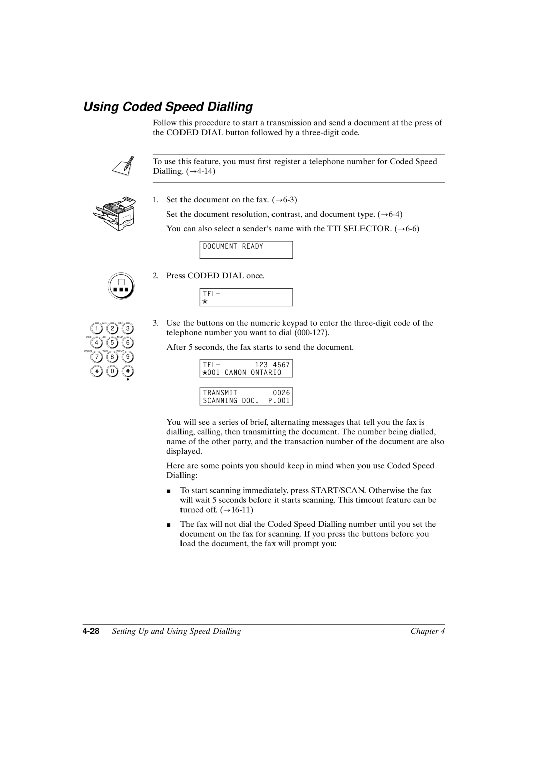 Canon FAX-L800 manual Using Coded Speed Dialling, 28Setting Up and Using Speed Dialling Chapter 