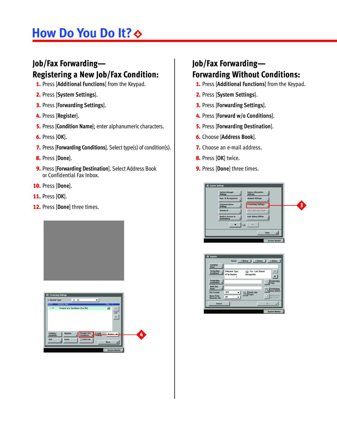 Canon Fax Machine manual How Do You Do It?3, Job/Fax Forwarding Registering a New Job/Fax Condition 