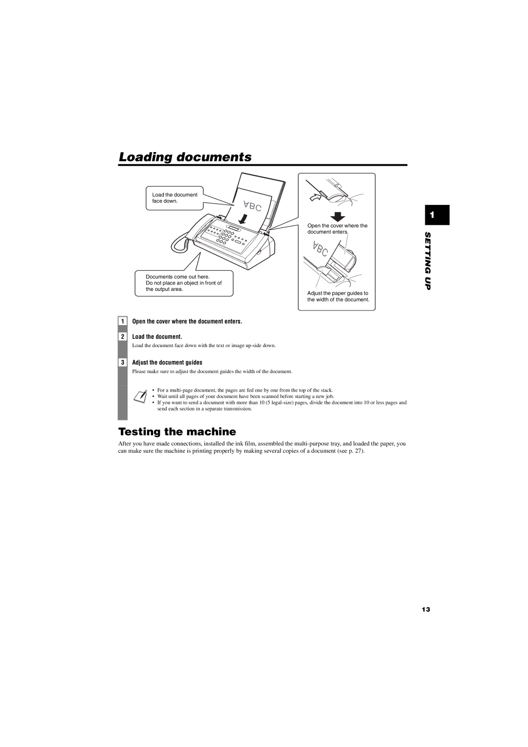 Canon FAX-TT250 manual Loading documents, Testing the machine, Open the cover where the document enters, Load the document 