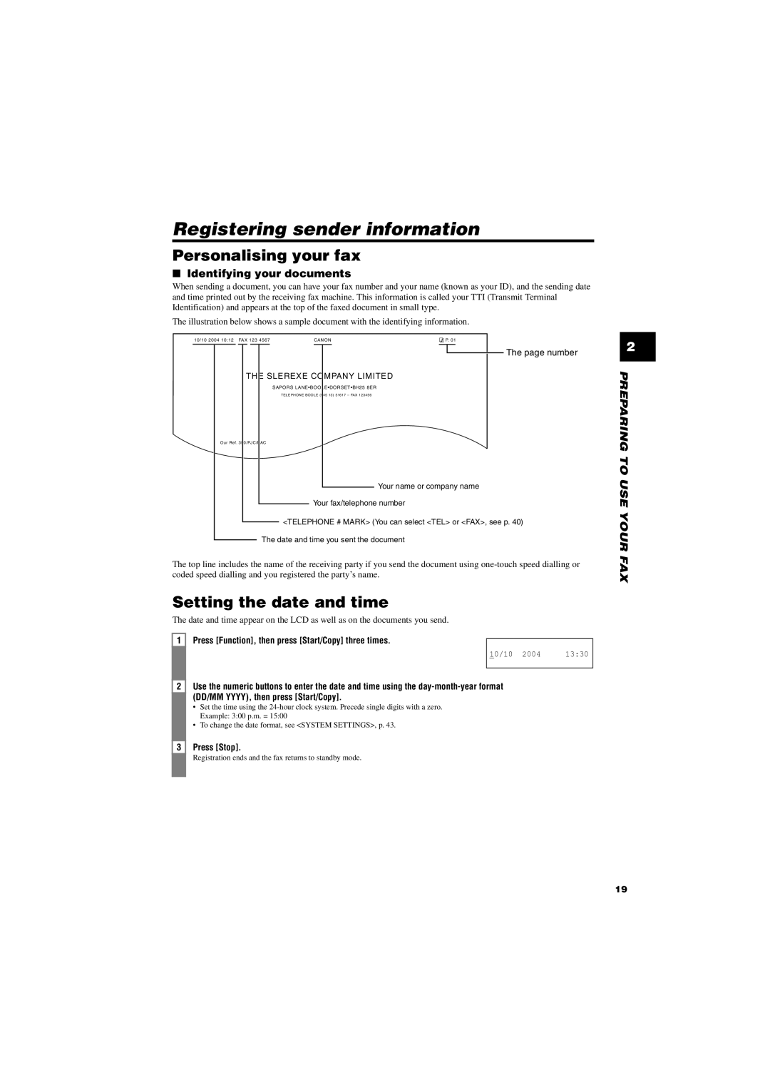 Canon FAX-TT250 manual Registering sender information, Personalising your fax, Identifying your documents 