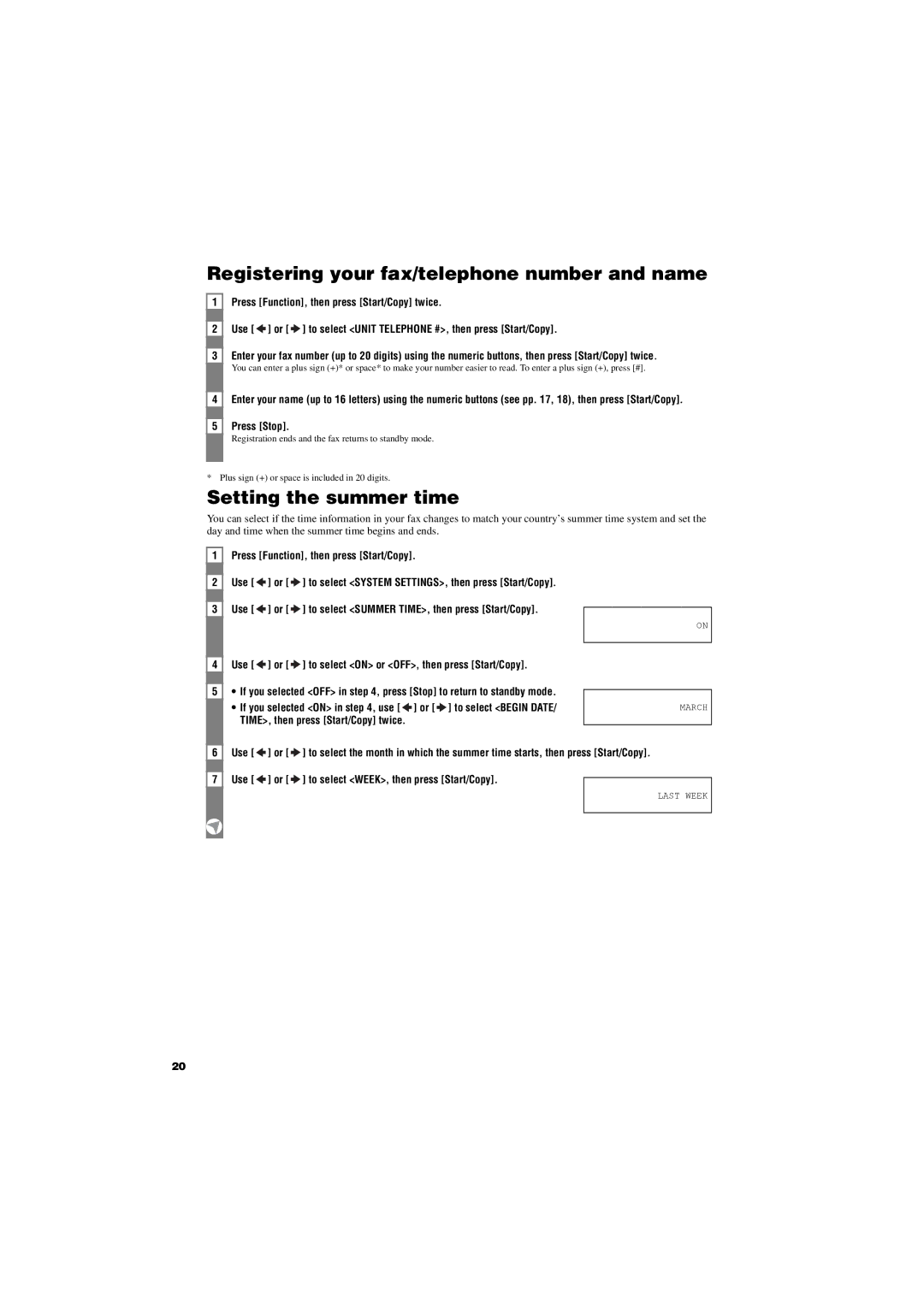 Canon FAX-TT250 manual Registering your fax/telephone number and name, Setting the summer time 