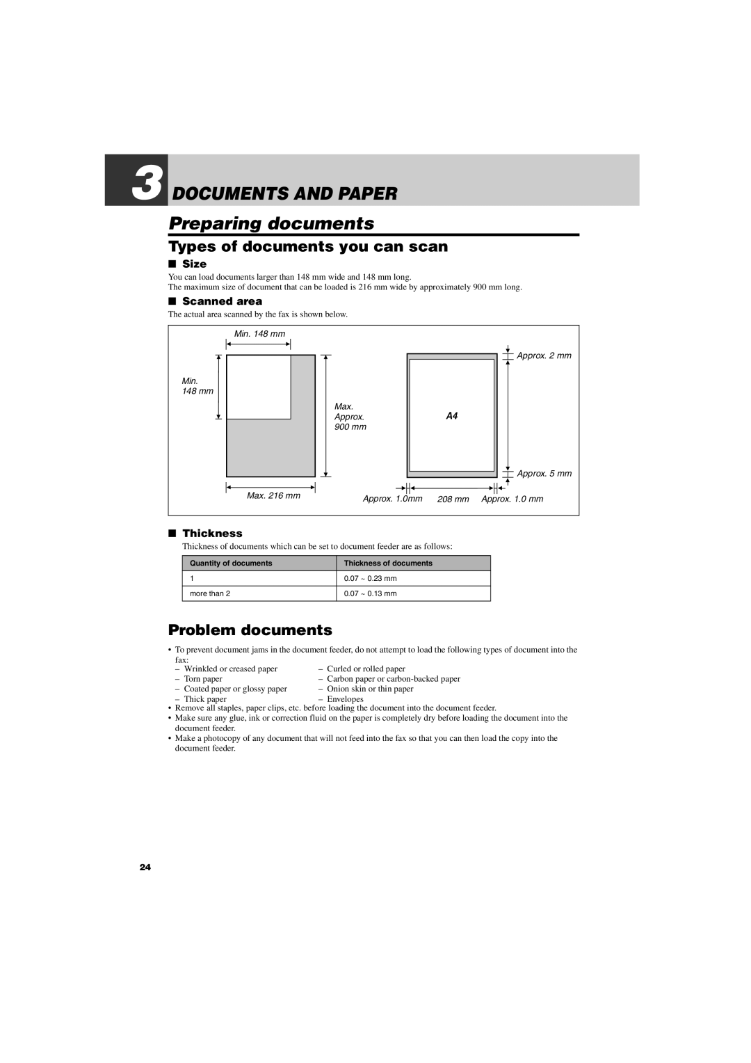 Canon FAX-TT250 manual Documents and Paper, Preparing documents, Types of documents you can scan, Problem documents 