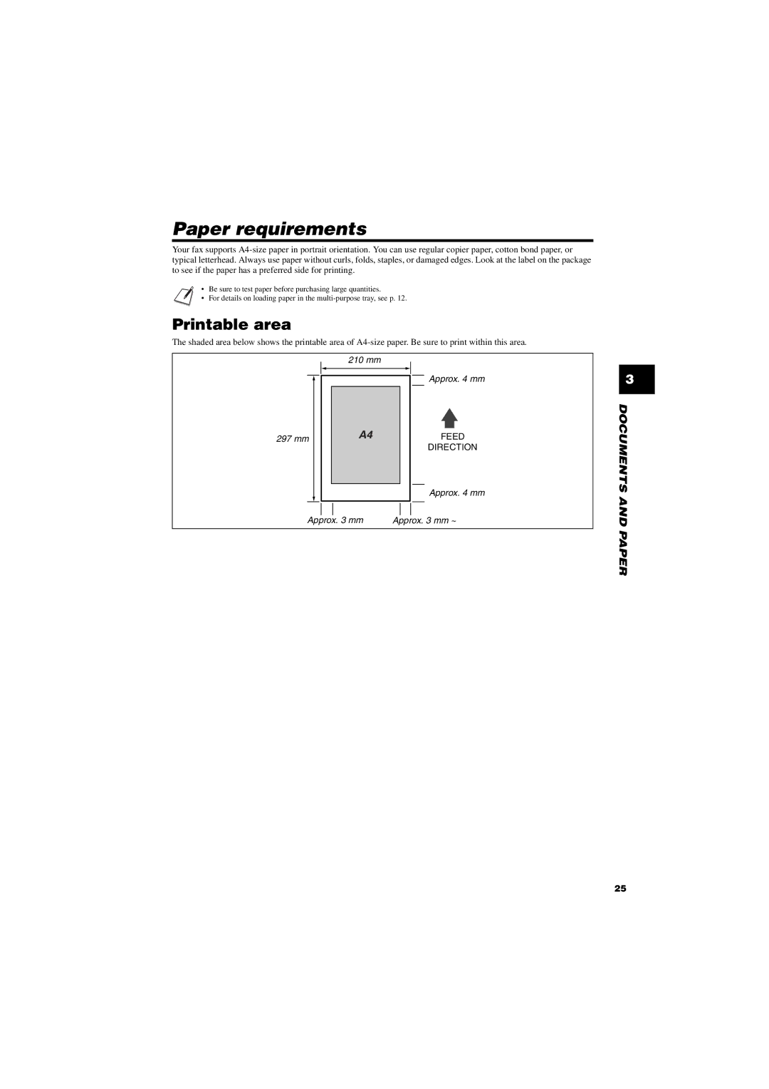 Canon FAX-TT250 manual Paper requirements, Printable area 