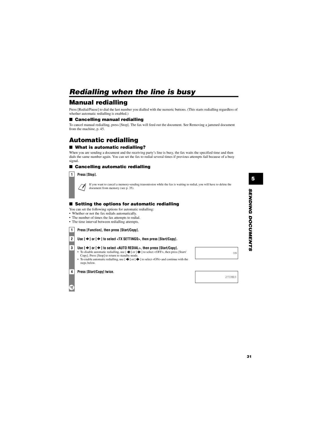 Canon FAX-TT250 manual Redialling when the line is busy, Manual redialling, Automatic redialling 