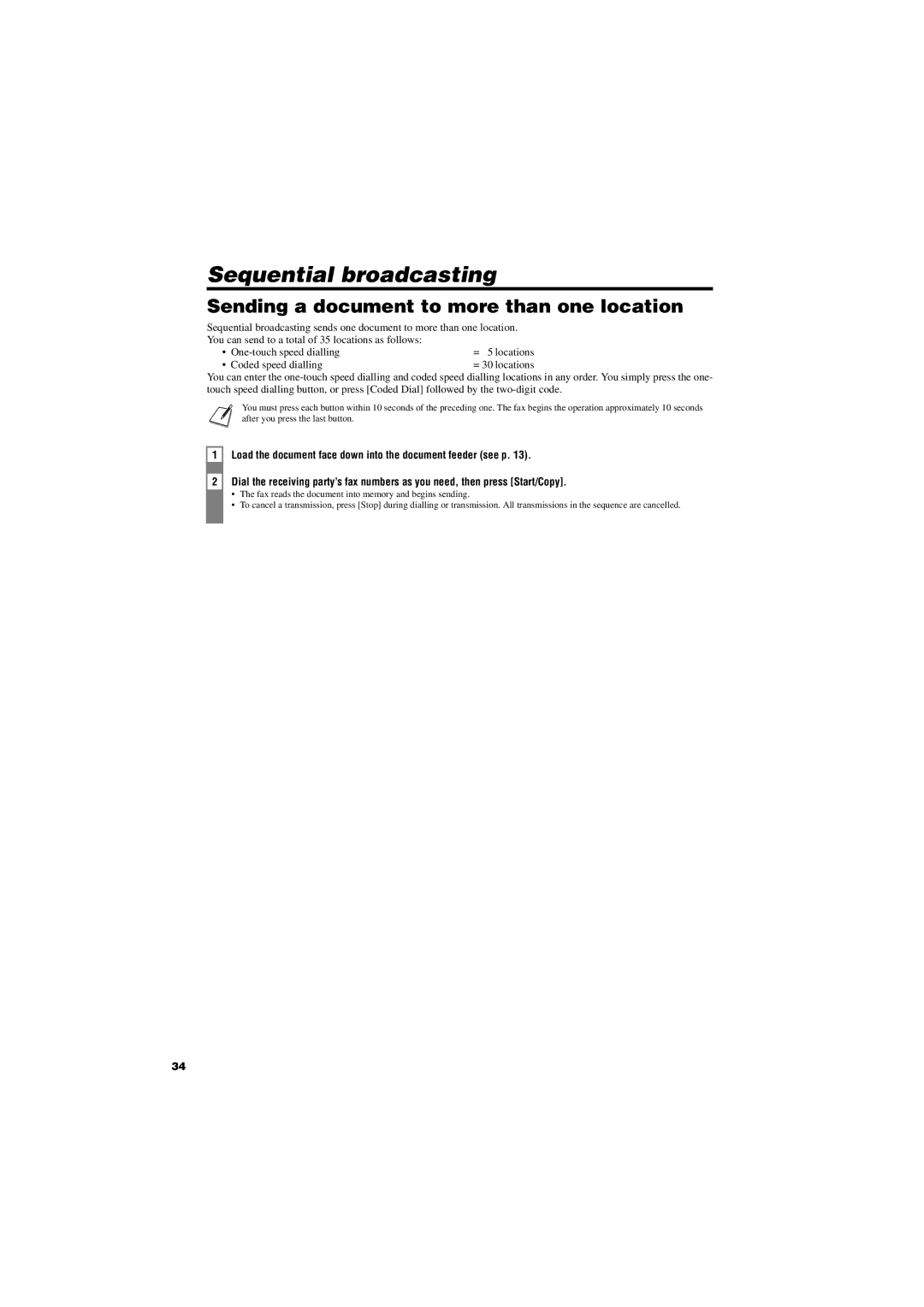 Canon FAX-TT250 manual Sequential broadcasting, Sending a document to more than one location 