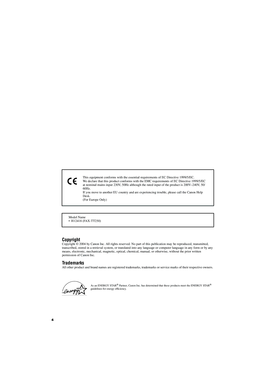 Canon FAX-TT250 manual Copyright 