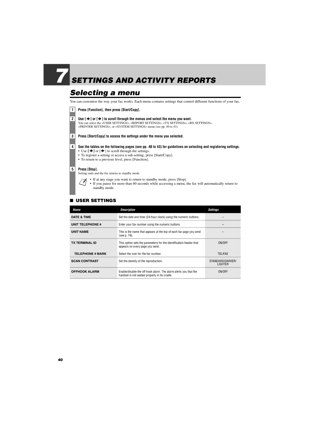 Canon FAX-TT250 manual Settings and Activity Reports, Selecting a menu 