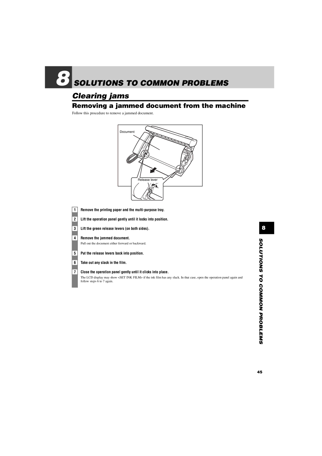 Canon FAX-TT250 manual Solutions to Common Problems, Clearing jams, Removing a jammed document from the machine 