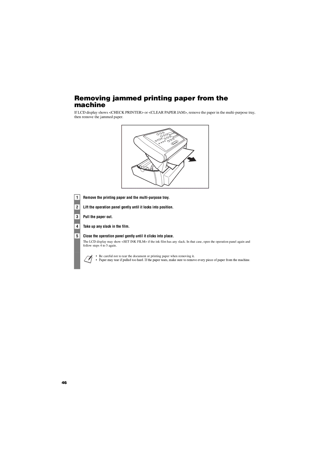 Canon FAX-TT250 manual Removing jammed printing paper from the machine 