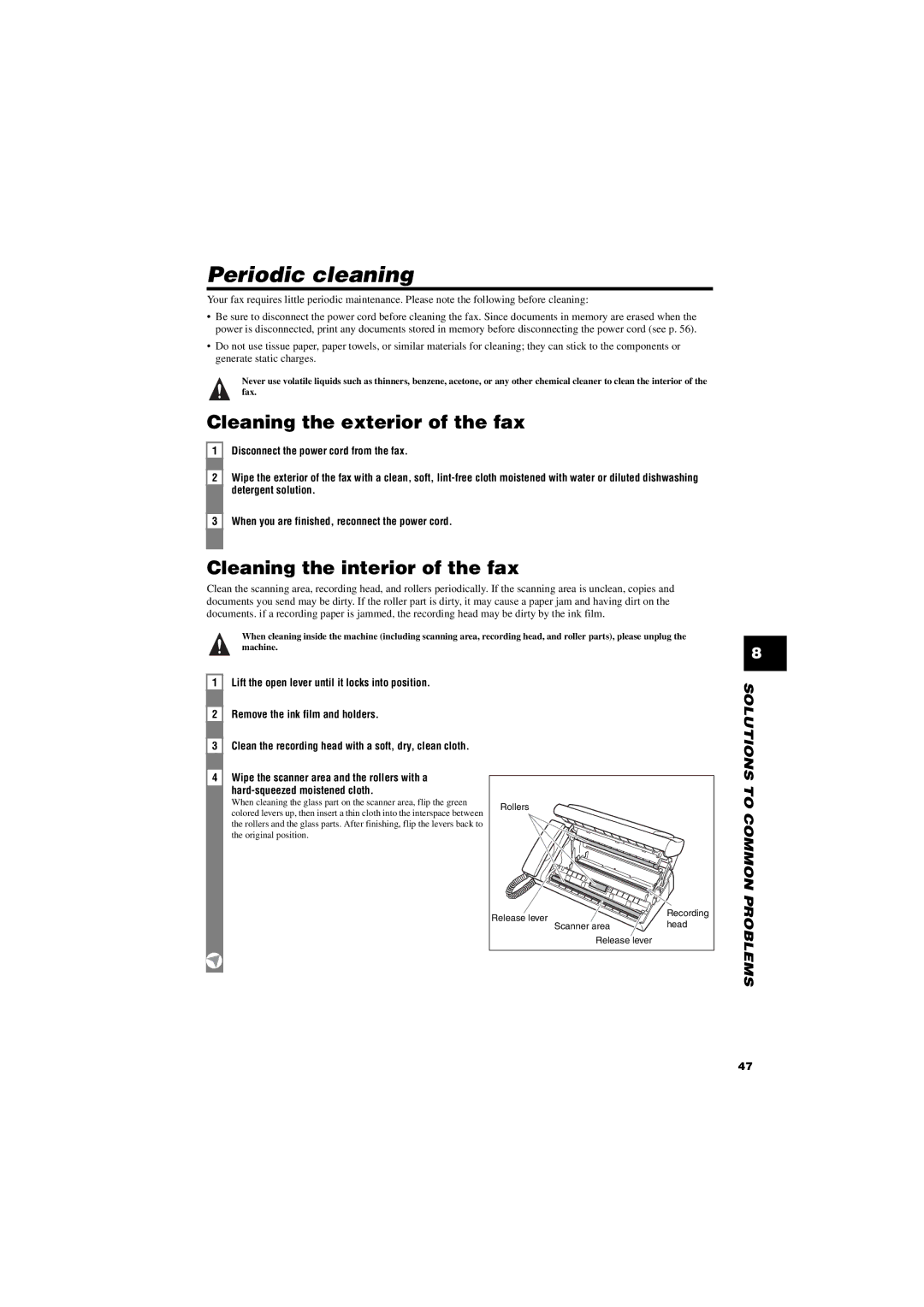 Canon FAX-TT250 manual Periodic cleaning, Cleaning the exterior of the fax, Cleaning the interior of the fax 