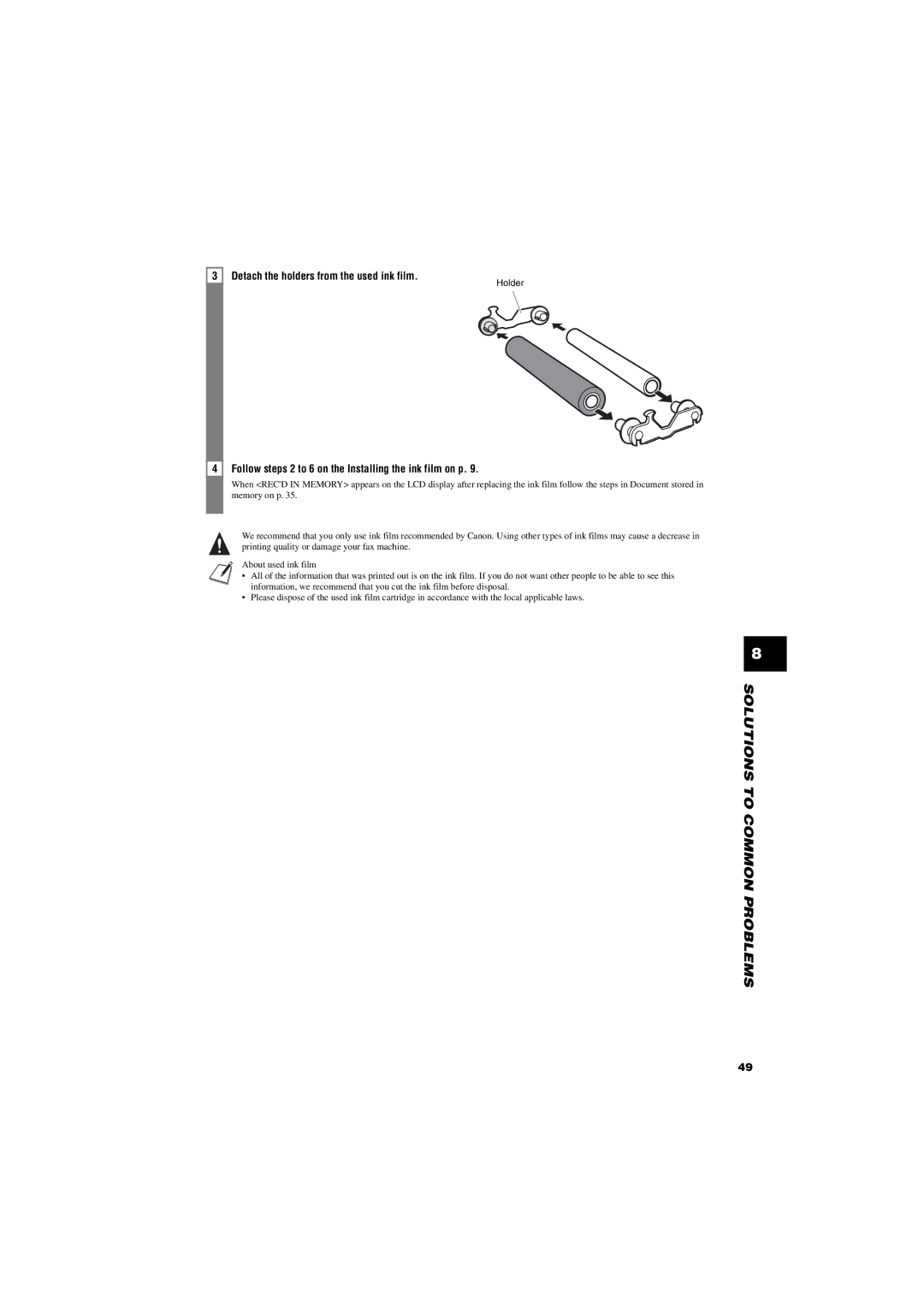 Canon FAX-TT250 manual Detach the holders from the used ink film, Follow steps 2 to 6 on the Installing the ink film on p 