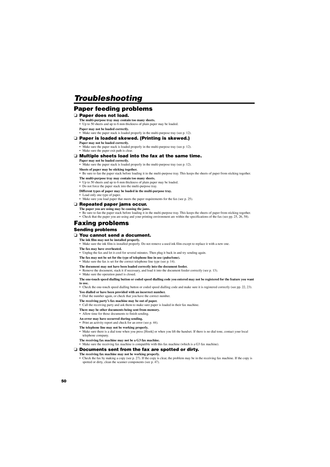 Canon FAX-TT250 manual Troubleshooting 