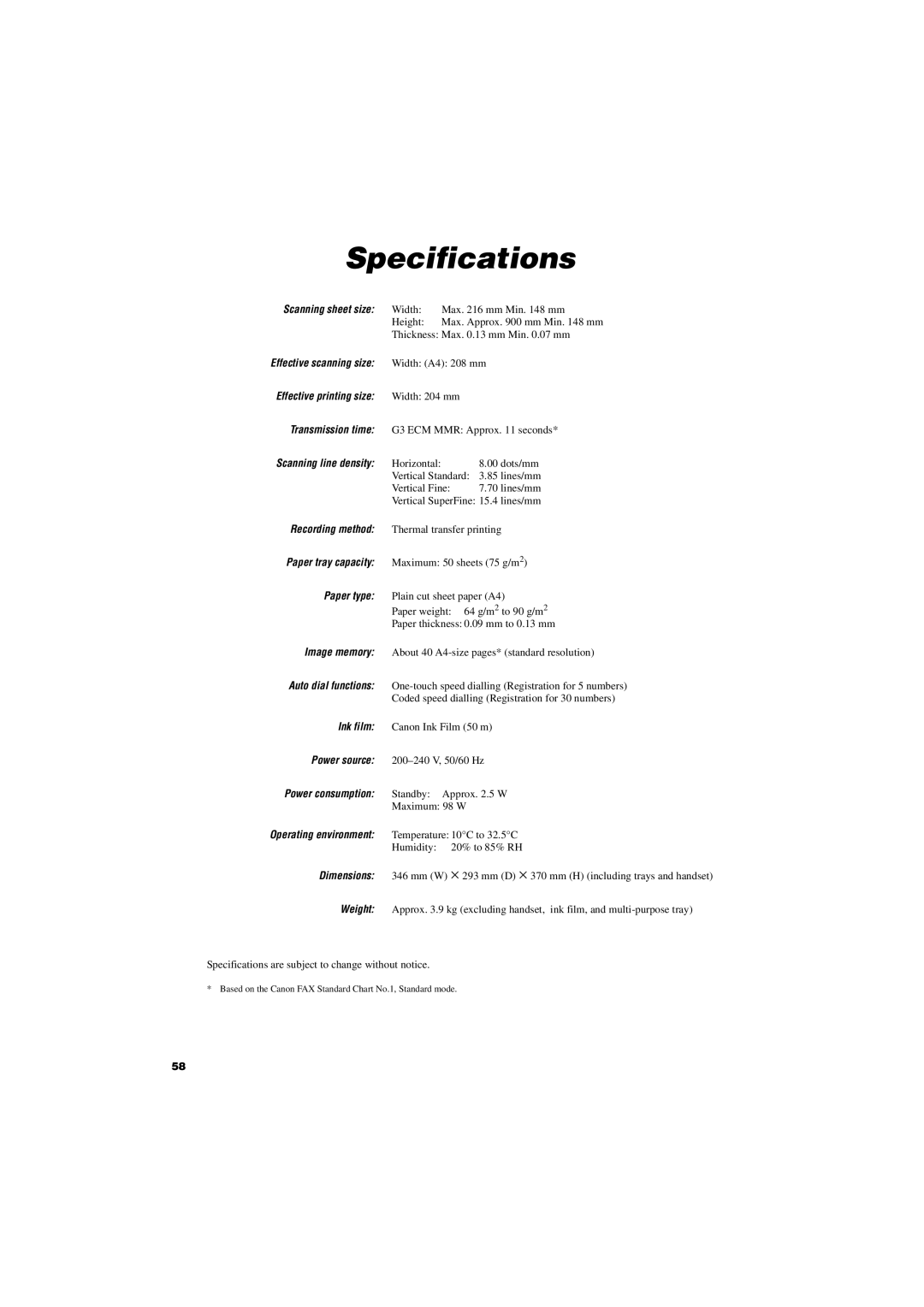 Canon FAX-TT250 manual Specifications 