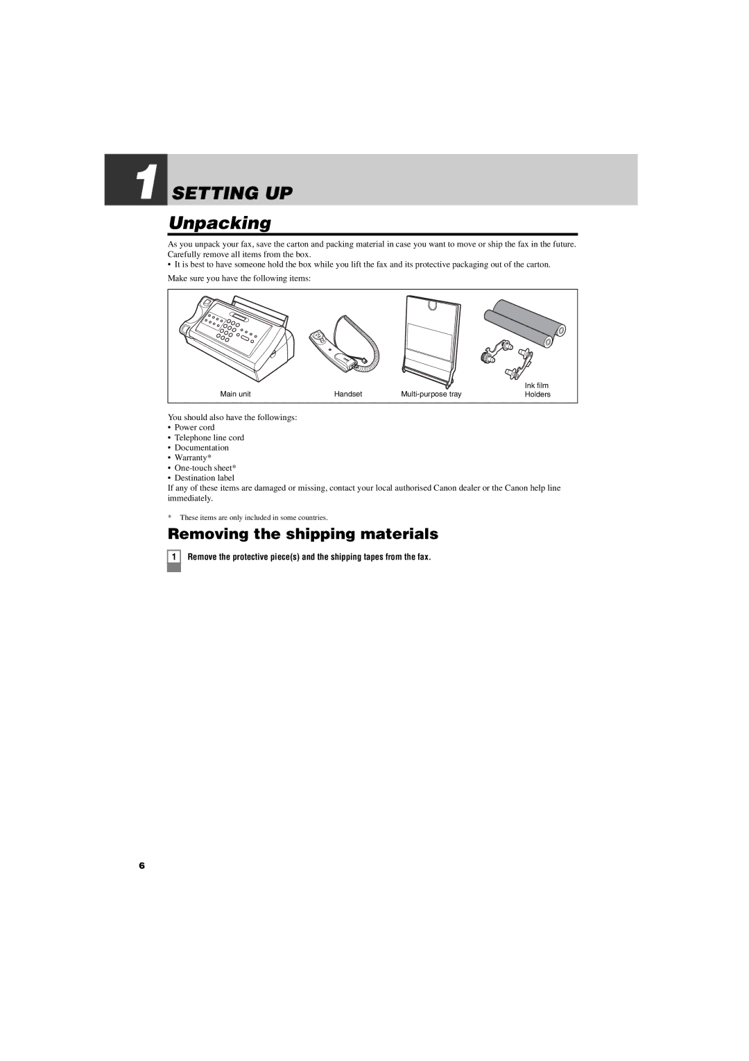 Canon FAX-TT250 manual Setting UP, Unpacking, Removing the shipping materials 