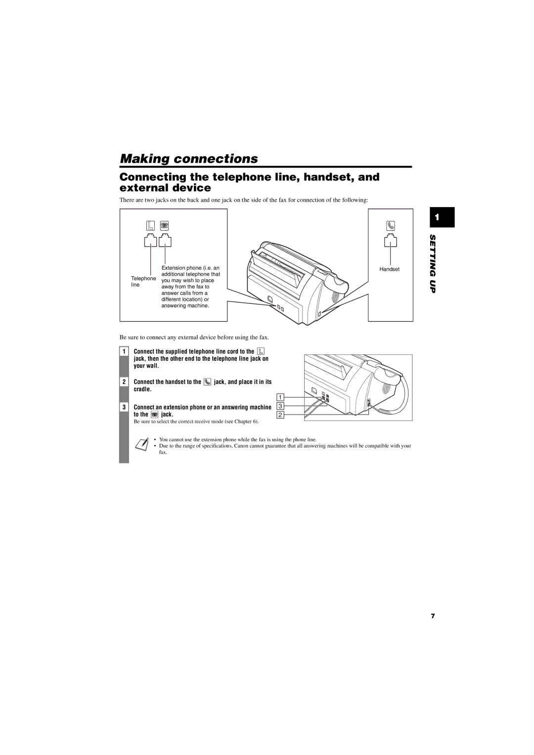 Canon FAX-TT250 manual Making connections, Connecting the telephone line, handset, and external device, Cradle, Jack 