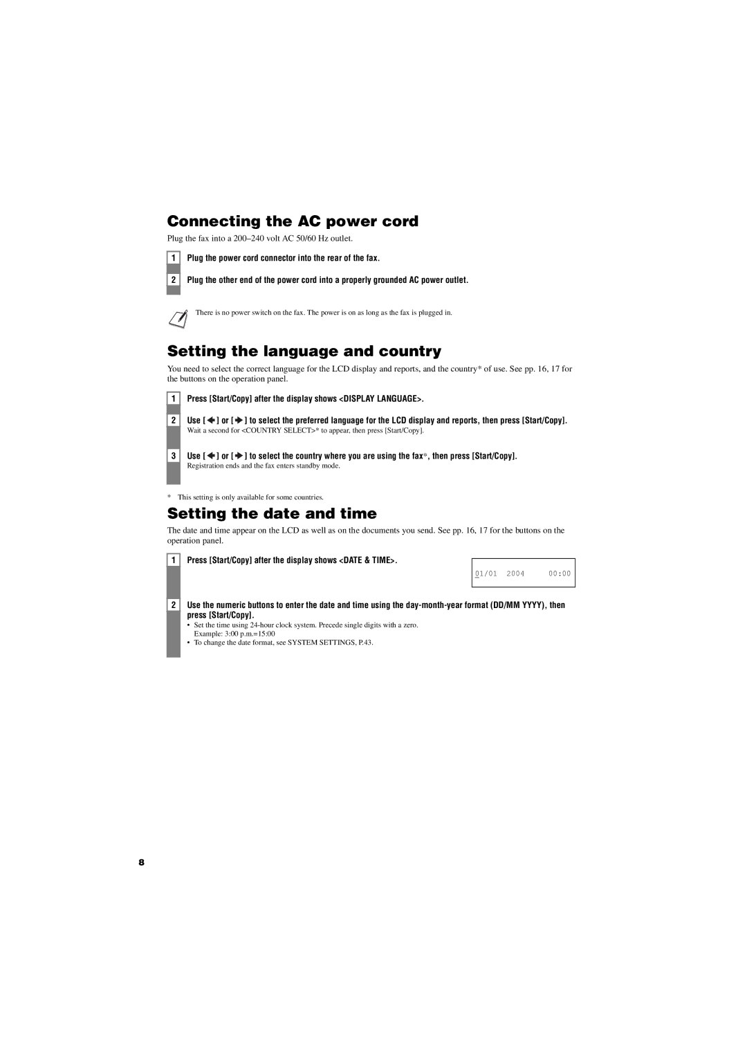 Canon FAX-TT250 manual Connecting the AC power cord, Setting the language and country, Setting the date and time 