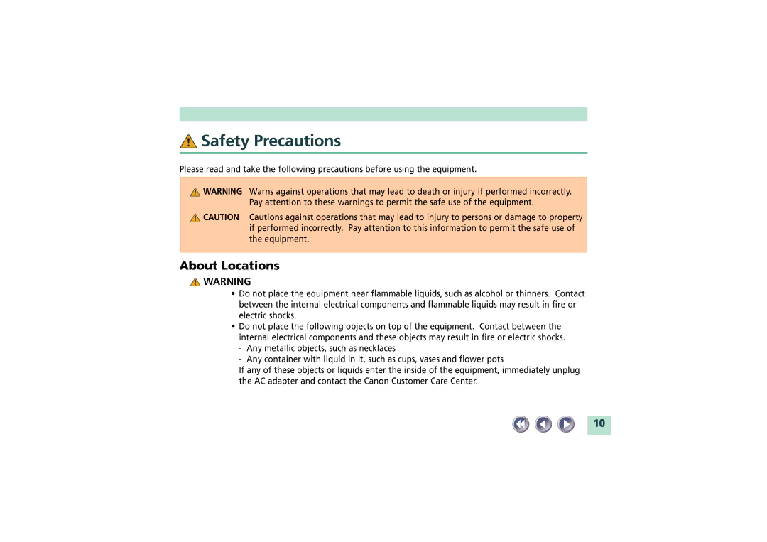 Canon FB1200S manual Safety Precautions, About Locations 