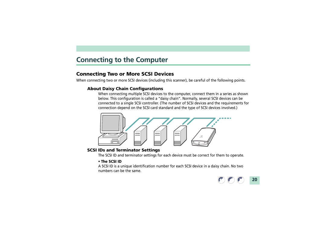 Canon FB1200S manual Connecting to the Computer, Connecting Two or More Scsi Devices, About Daisy Chain Configurations 