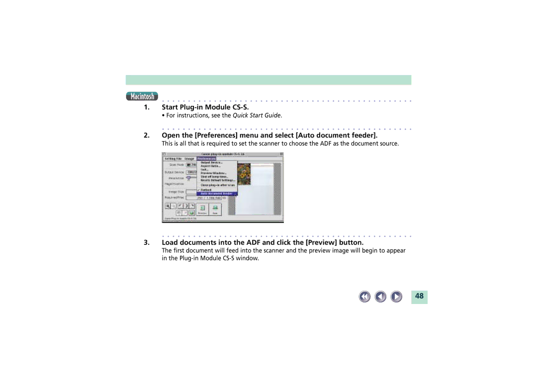 Canon FB1200S manual Start Plug-in Module CS-S, Open the Preferences menu and select Auto document feeder 