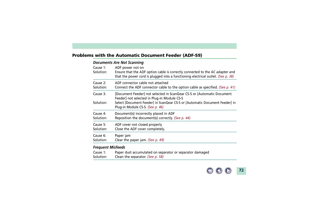 Canon FB1200S manual Problems with the Automatic Document Feeder ADF-S9 