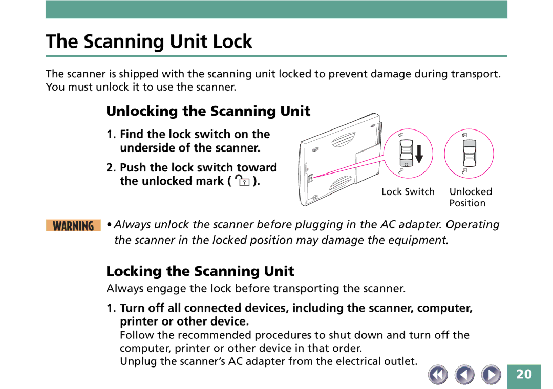 Canon FB330P/FB630P manual Scanning Unit Lock, Unlocking the Scanning Unit, Locking the Scanning Unit 