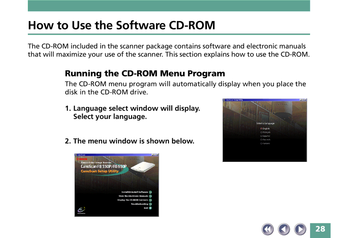 Canon FB330P/FB630P manual How to Use the Software CD-ROM, Running the CD-ROM Menu Program 