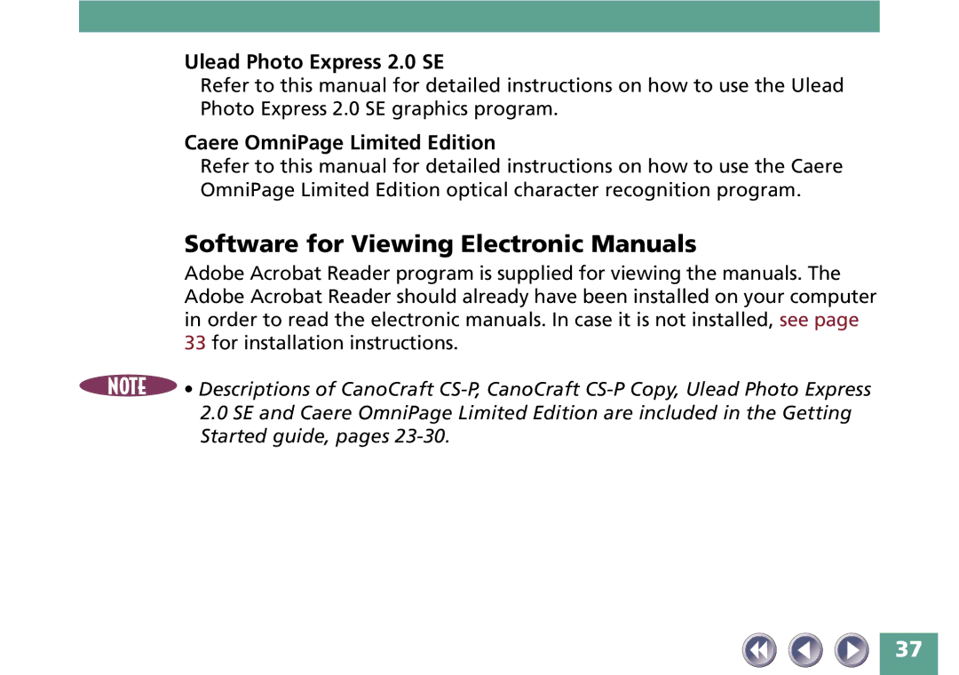 Canon FB330P/FB630P Software for Viewing Electronic Manuals, Ulead Photo Express 2.0 SE, Caere OmniPage Limited Edition 