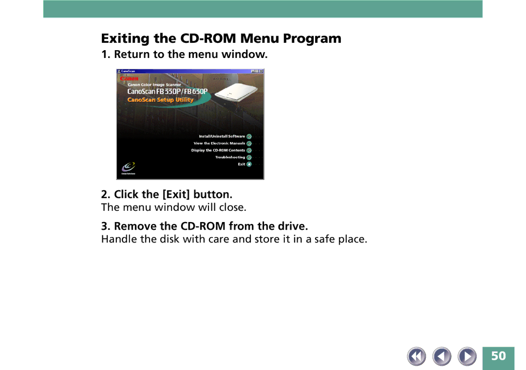 Canon FB330P/FB630P manual Exiting the CD-ROM Menu Program, Return to the menu window, Remove the CD-ROM from the drive 