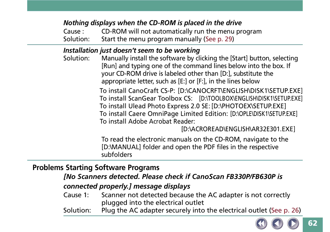 Canon FB330P/FB630P manual Problems Starting Software Programs, Nothing displays when the CD-ROM is placed in the drive 