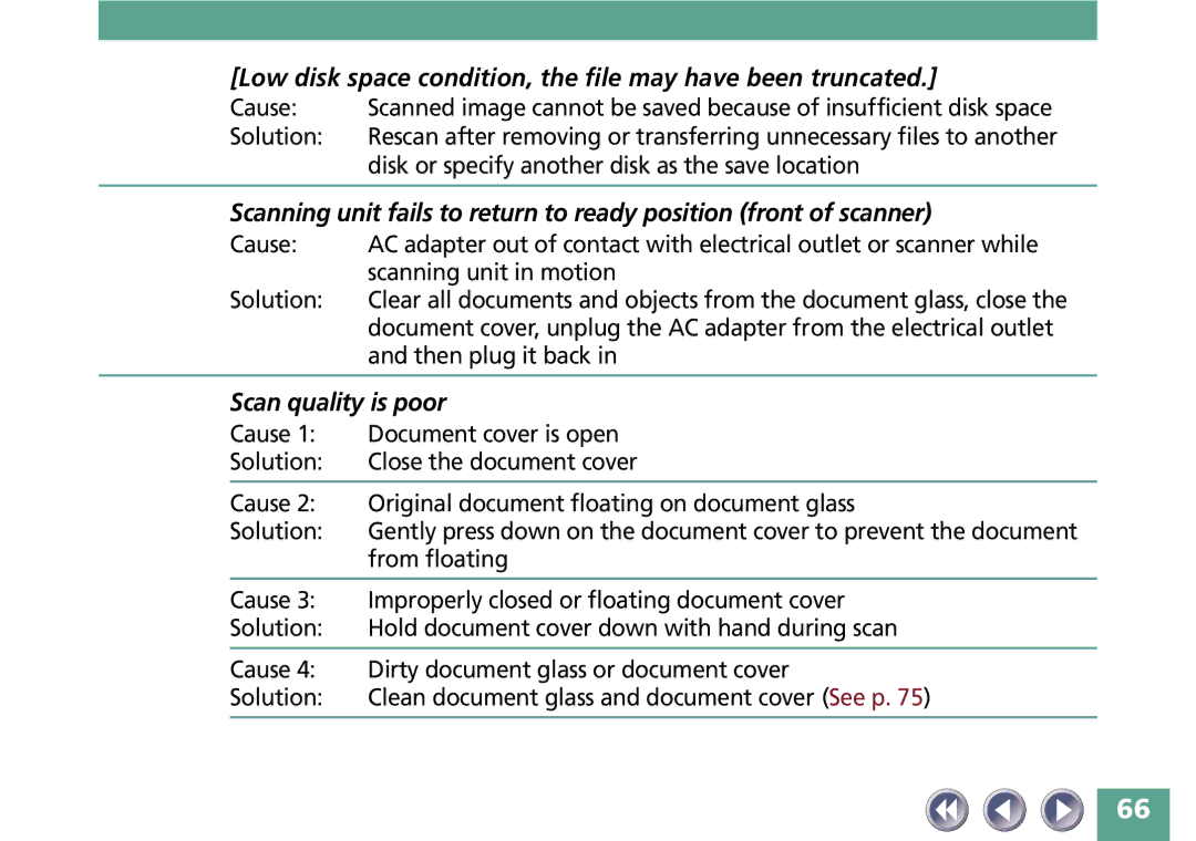 Canon FB330P/FB630P manual Low disk space condition, the file may have been truncated, Scan quality is poor 