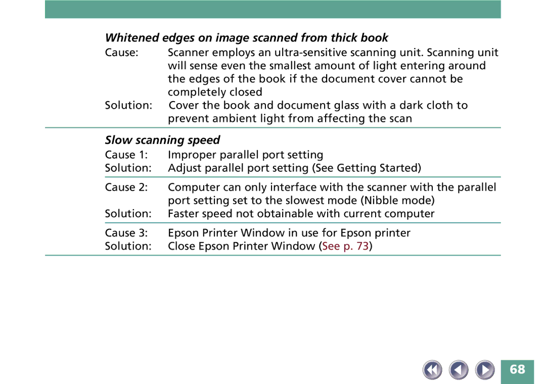 Canon FB330P/FB630P manual Whitened edges on image scanned from thick book, Slow scanning speed 